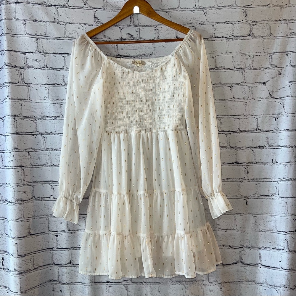 Altar'd State Long-Sleeve Babydoll Dress Off White‎ Gold Silver Accents Fairy